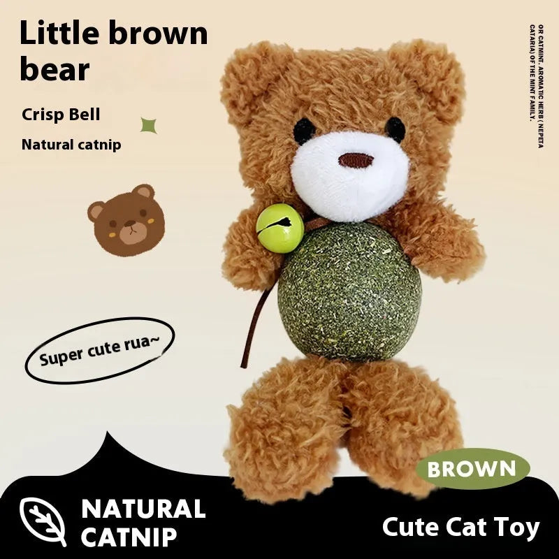 Plush cat toy with catnip ball and bell in animal designs for feline dental relief and play