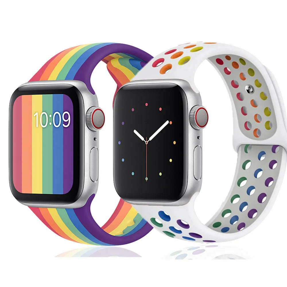 Silicone sports wristband with single buckle strap in black, rainbow, or white colour options