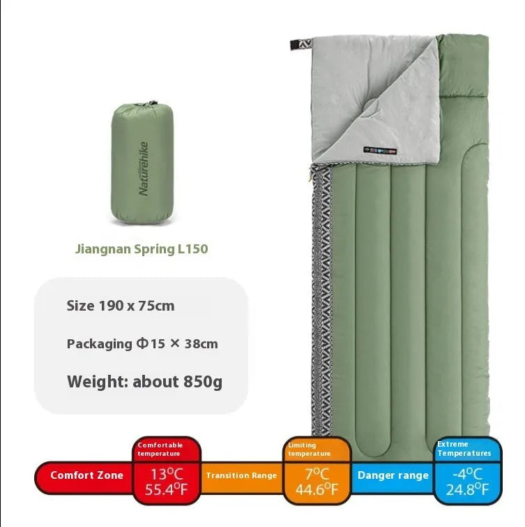Portable camping sleeping bag with storage bag in Jiangnan Spring colour.
