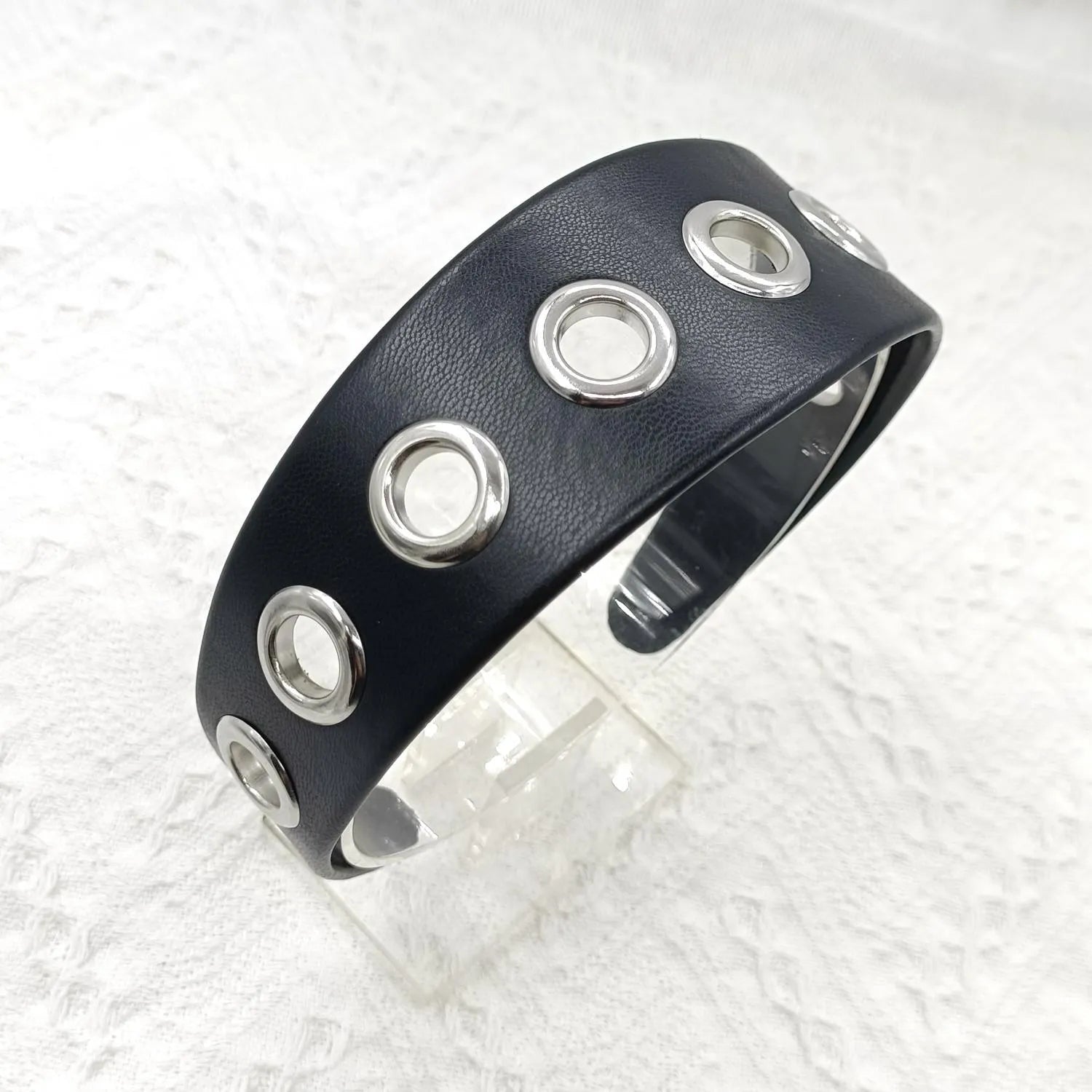 Black handmade artificial leather wide headband with punk style round and square rivets
