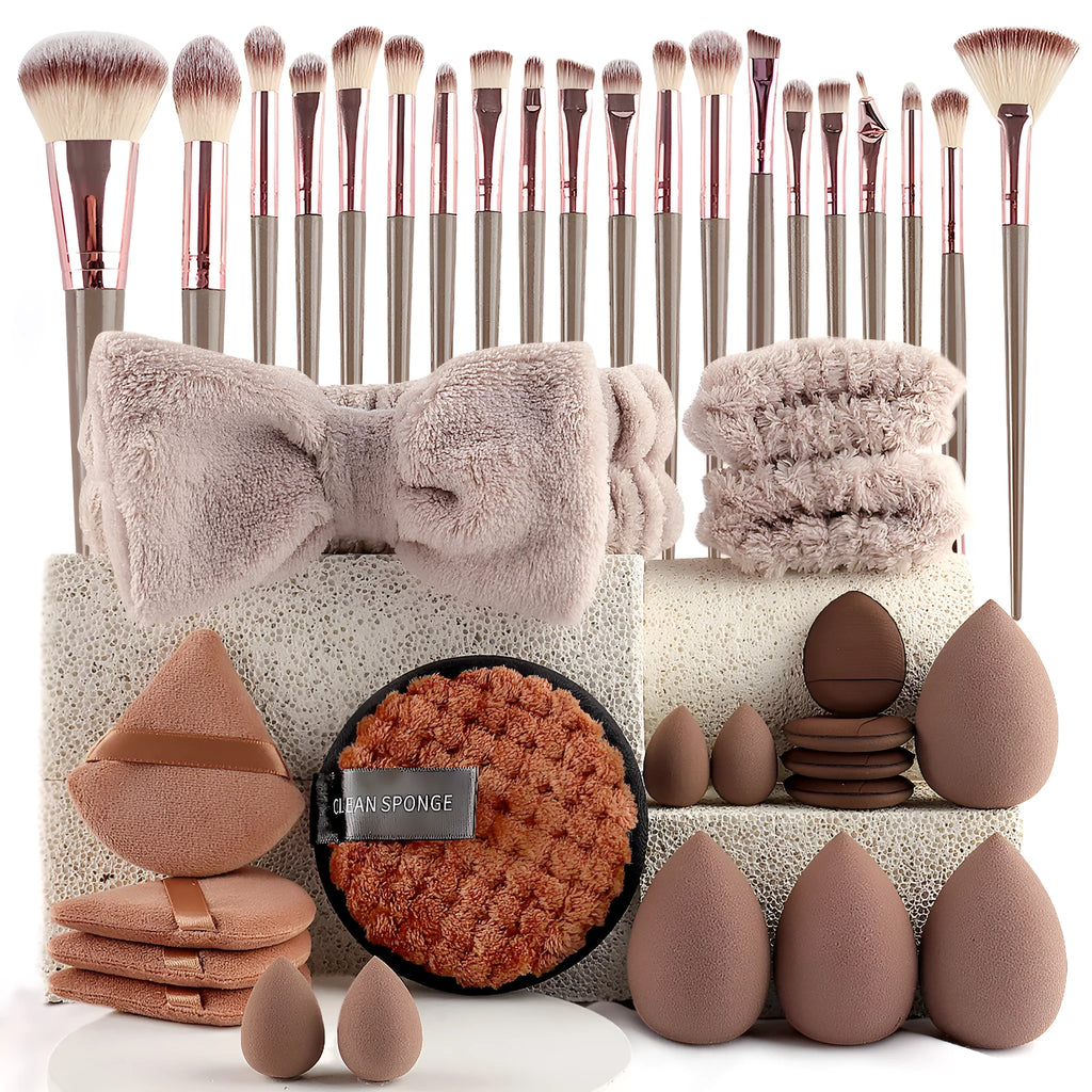 40-piece beauty tools major combination suit with hydrophilic non-latex face wash and makeup tools in Brown, Pink, Purple
