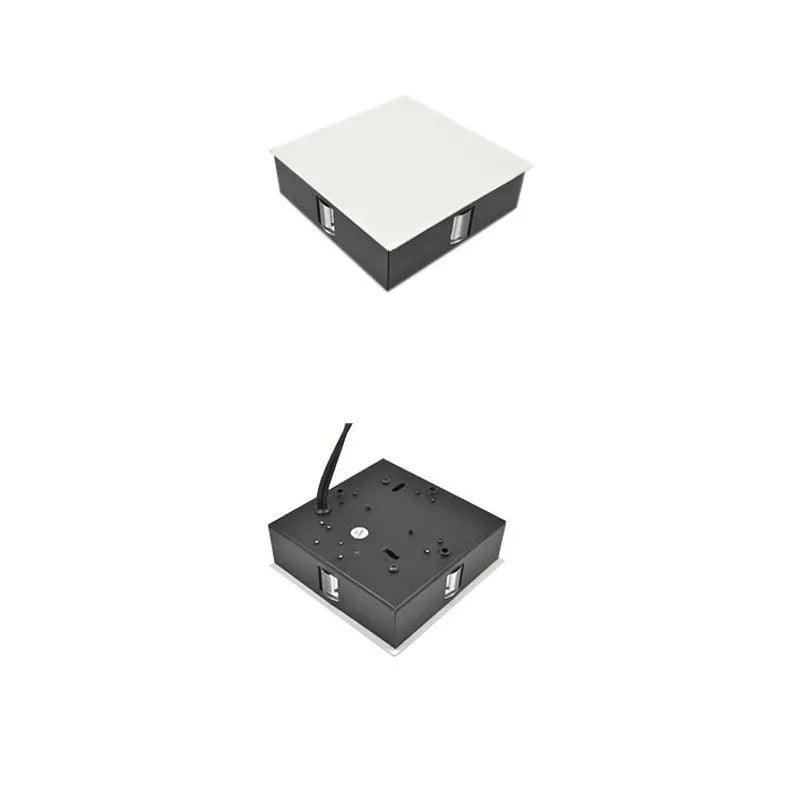 Modern square aluminium and iron LED wall light with warm white glow on a wall