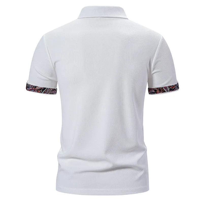Men's navy blue cotton blend polo shirt with short sleeves and a turnover collar on a white background.