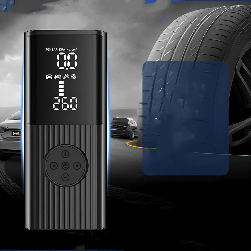 Multi-function high-power wireless car air pump with 100W power, ABS PC casing, and lighting feature