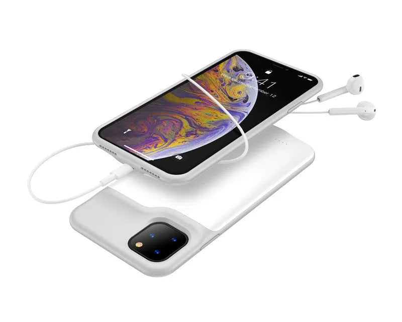Shockproof silicone iPhone charging case with external battery in black, blue, pink, or white colours