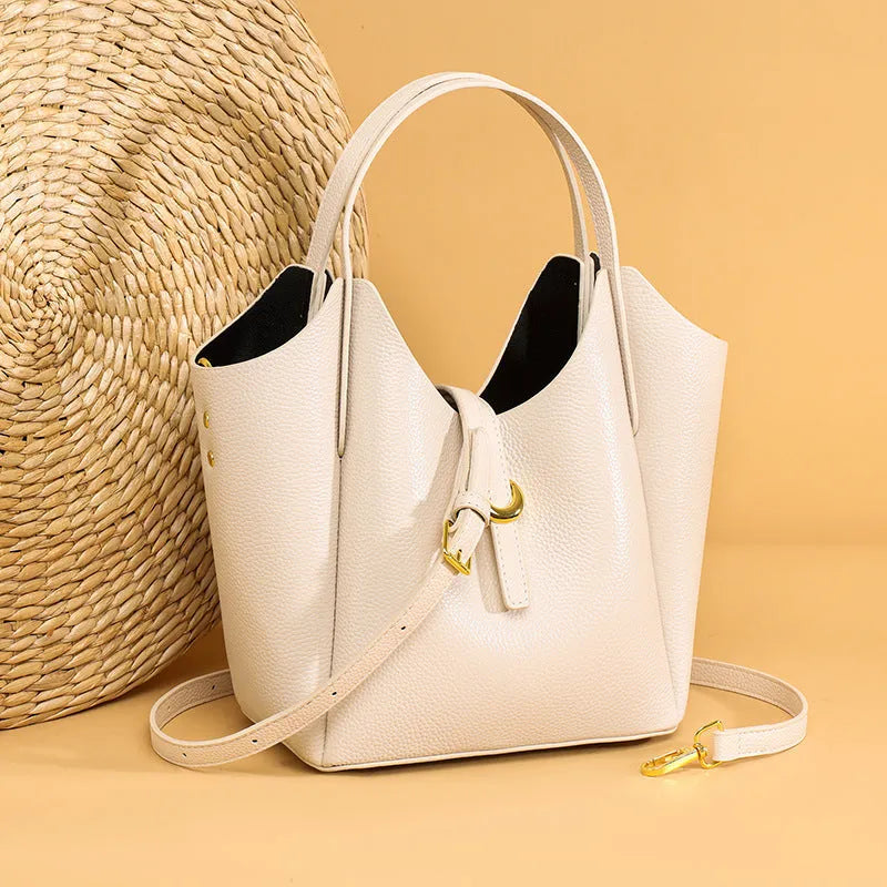 Genuine leather women's bucket bag in European and American retro style with file organisation