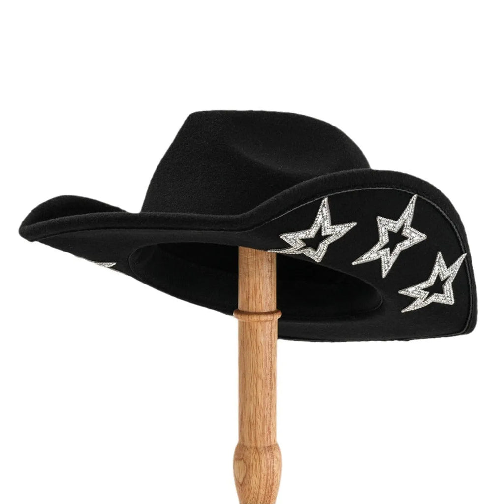 Denim top hat made from woolen felt with a conical crown and hexagonal star decoration.