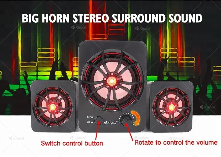 Green 2.1 USB computer speaker with colourful glowing lights and 150 cm cable for PC and mobile phone