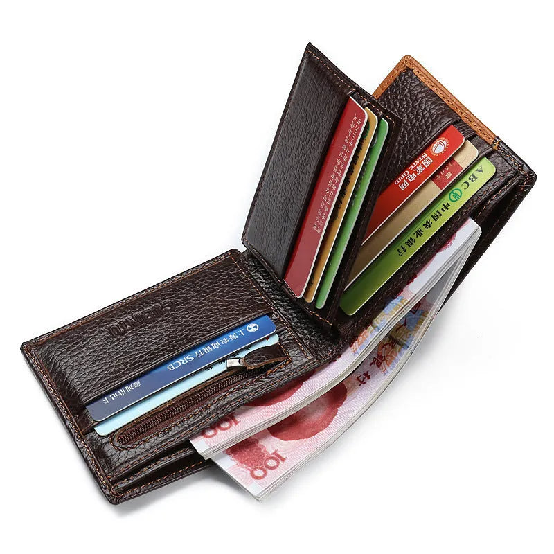 Men's brown leather wallet with contrast stitching, open to show card slots, bill compartment, and a zippered section.
