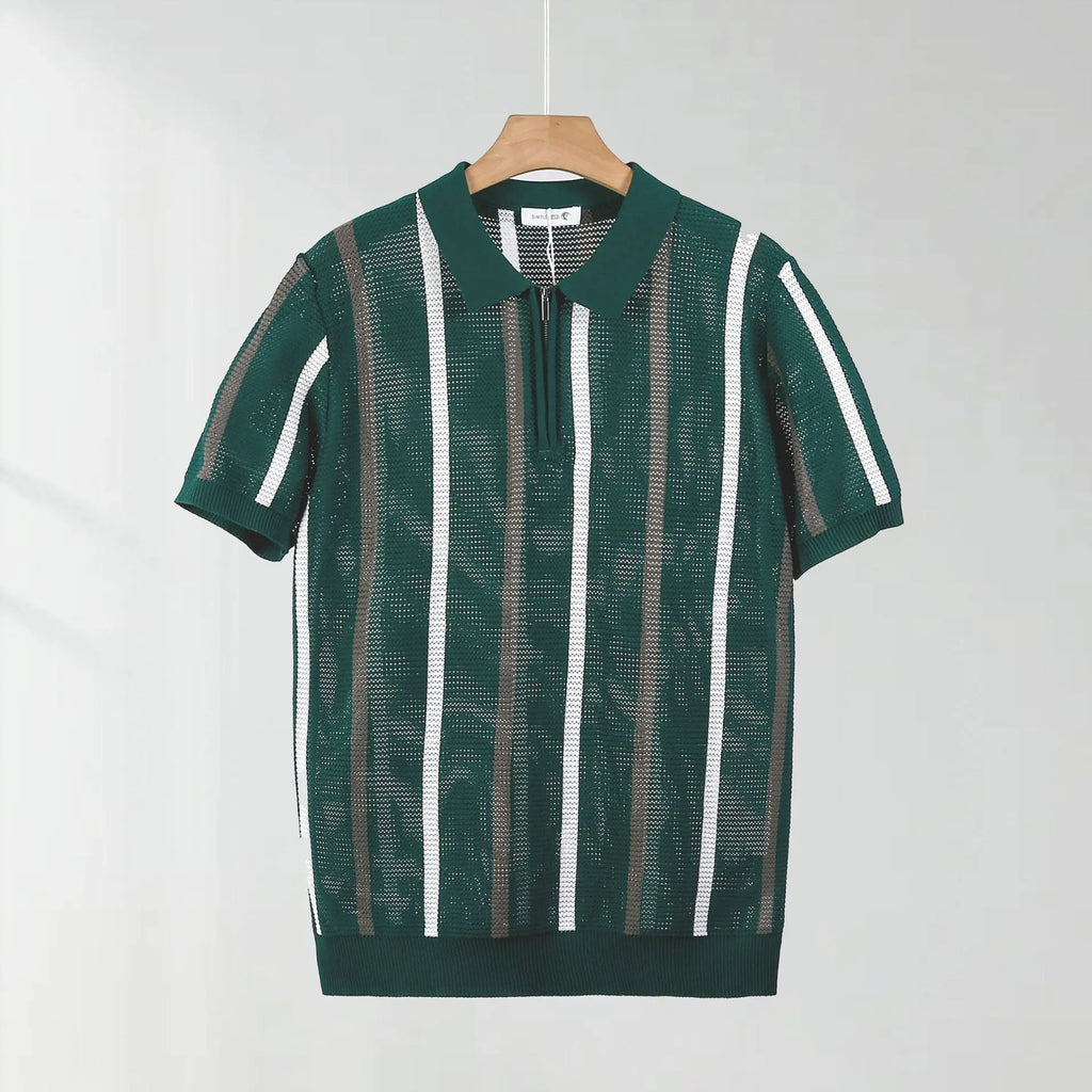 Hollow mesh short-sleeved knitting polo shirt in ice silk fabric with zipper detail, loose fit, summer casual wear