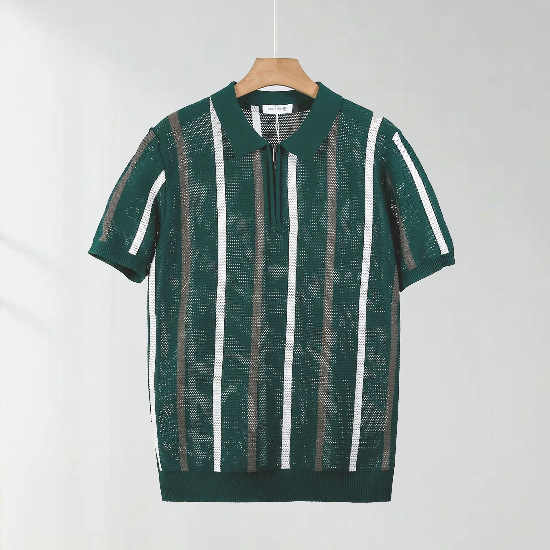 Hollow mesh short-sleeved knitting polo shirt in ice silk fabric with zipper detail, loose fit, summer casual wear
