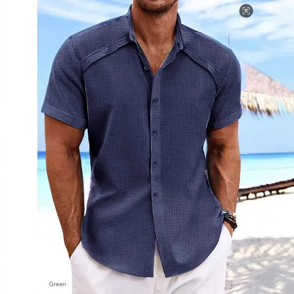 Hawaiian casual short sleeve solid colour shirt in cotton blend fabric, showing collage stitching details, available in multiple colours like Navy Blue