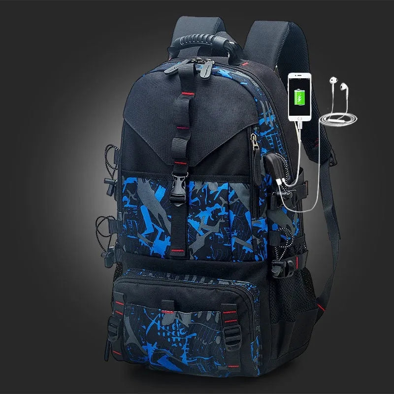 Men's large waterproof Oxford cloth hiking backpack with contrasting colours and an air pillow belt system.