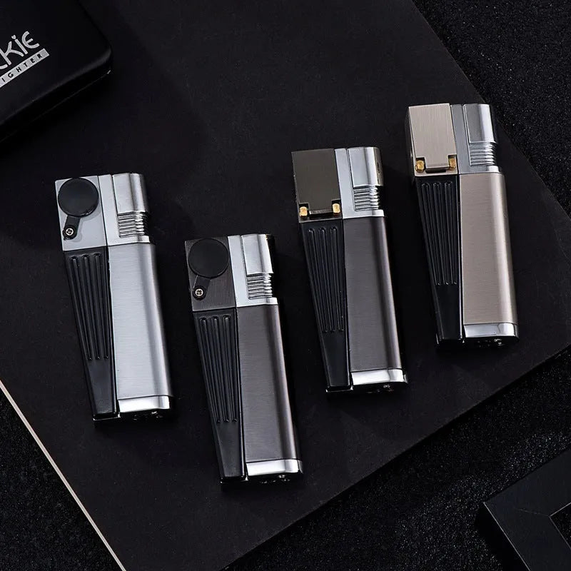 Foldable pipe lighter in No.1 silver square cover with metal flap closed, 9.2cm length, zinc alloy body