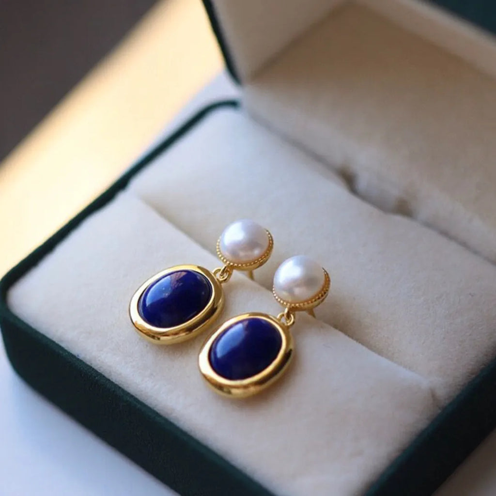 Pair of lapis lazuli pearl earrings in 925 silver setting with auspicious patterns
