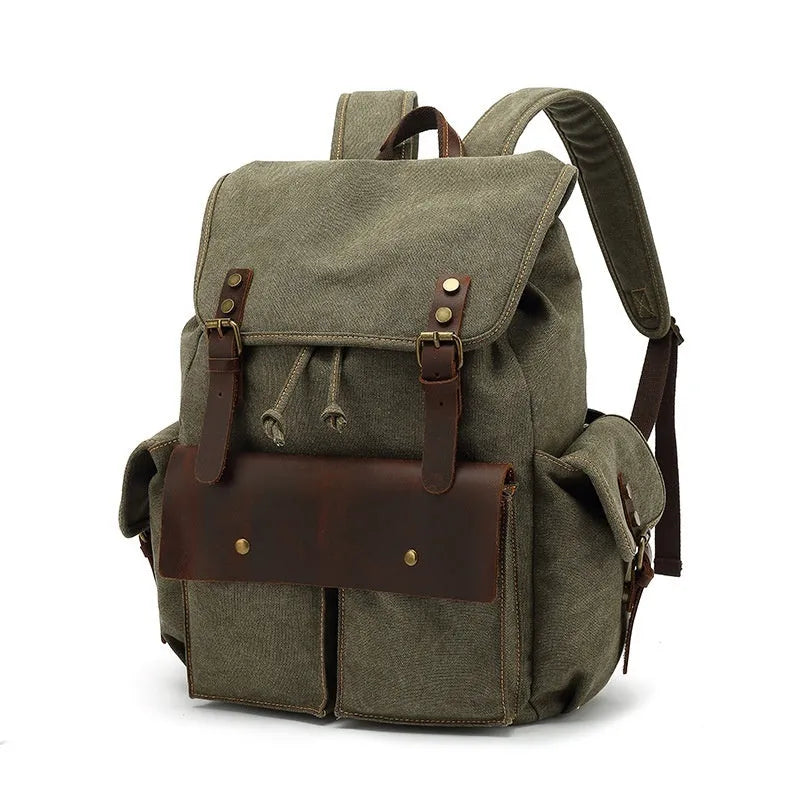 Retro wear-resistant canvas backpack in army green with antique bronze hardware, 16-inch laptop capacity