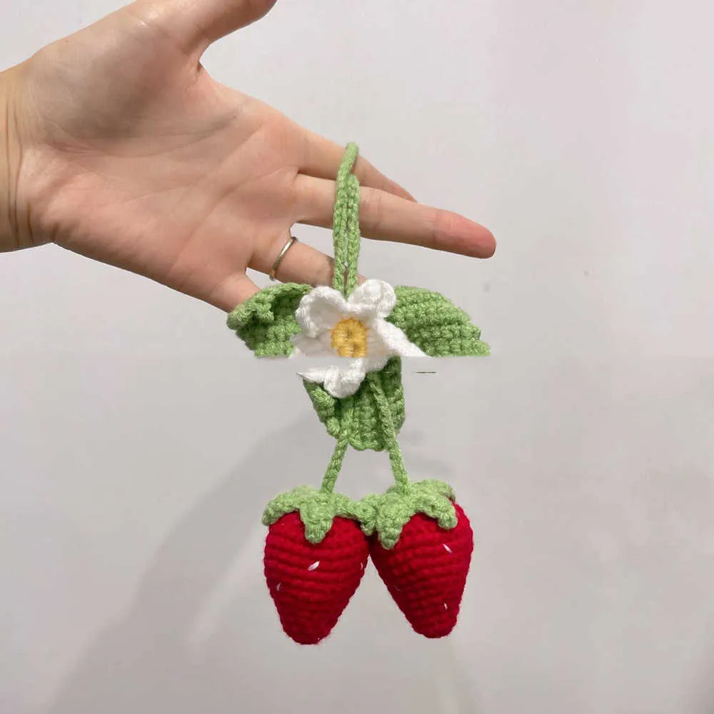 Handmade strawberry-shaped car weaving pendant crafted from cotton and hemp wool using hook knitting techniques