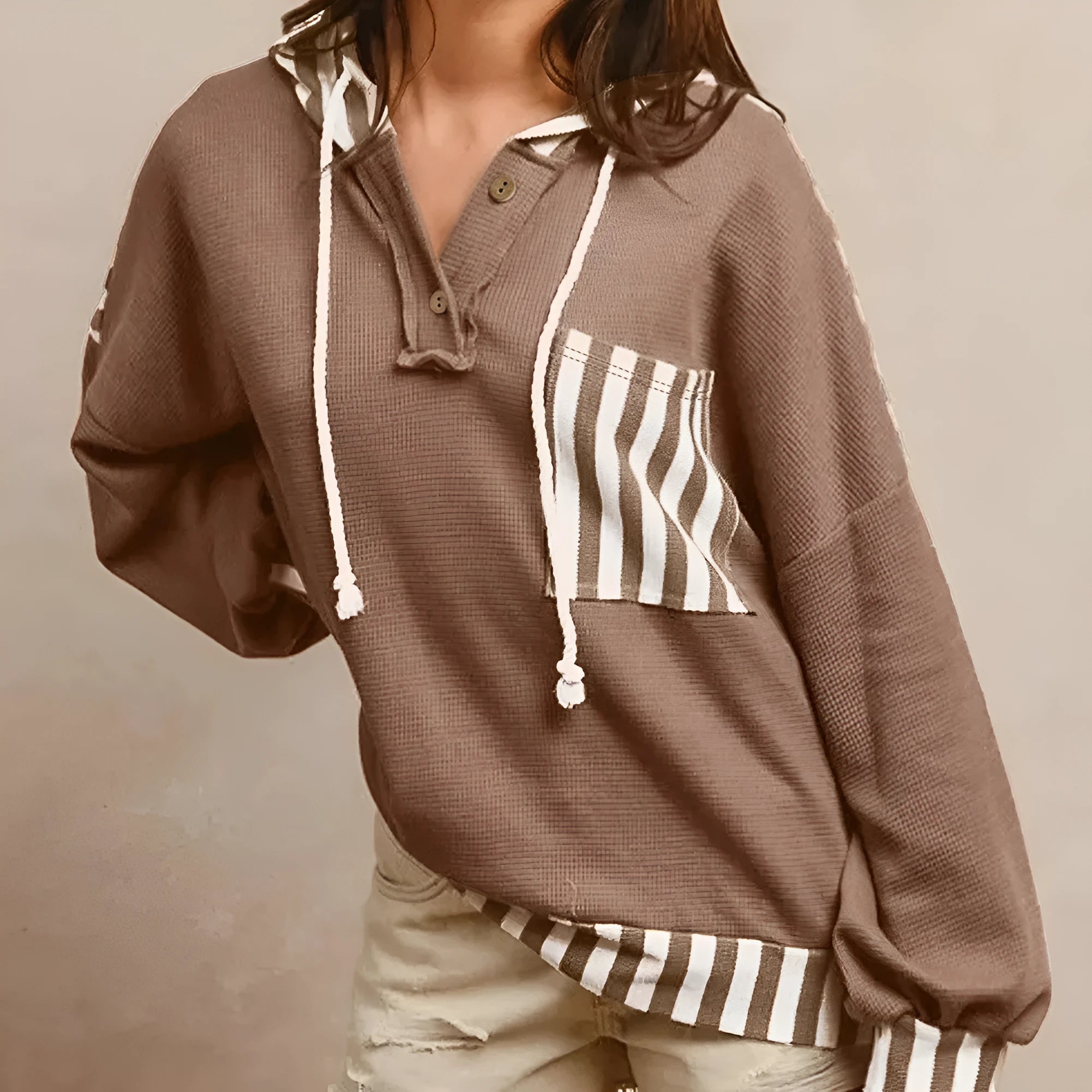Straw yellow waffle texture striped hoodie with patchwork panels and button neck closure