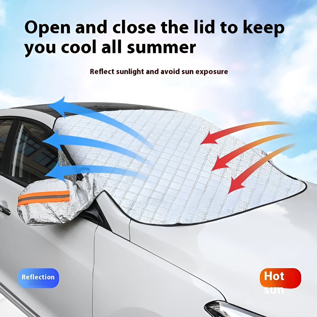 Thickened aluminium foil front windshield winter cover for SUV cars with reflective stripes and magnets.