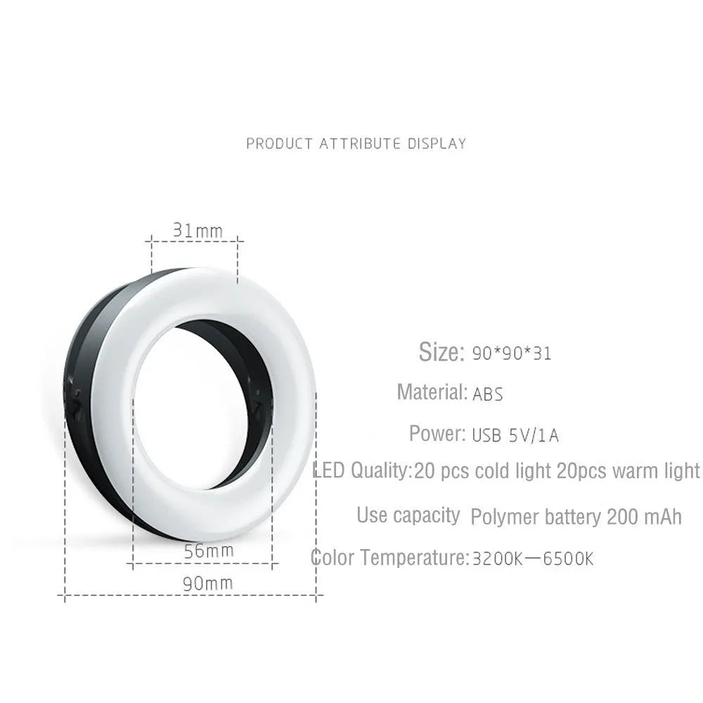Black USB rechargeable LED selfie ring light for mobile phone photography