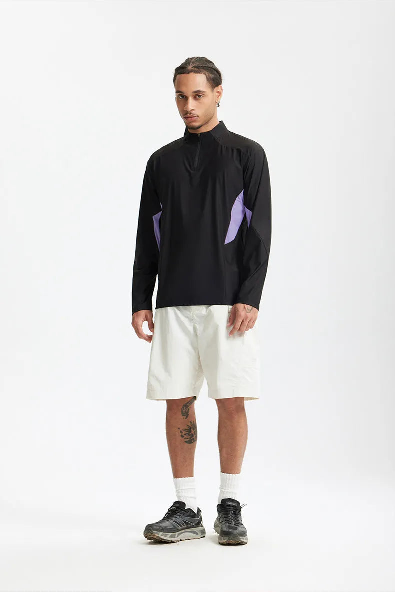 Men's lightweight stitching casual top in black and beige, available in long sleeve and short sleeve styles.
