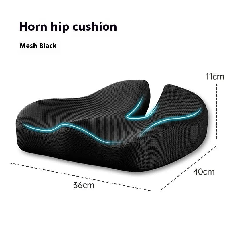 Solid colour memory foam office chair cushion shown in grey, dimensions 36cm by 40cm.