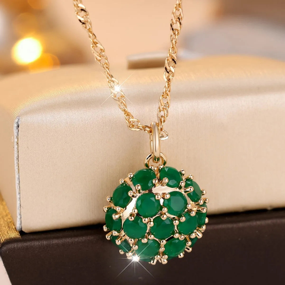 Round emerald diamond necklace with champagne gold electroplated finish on adjustable copper chain