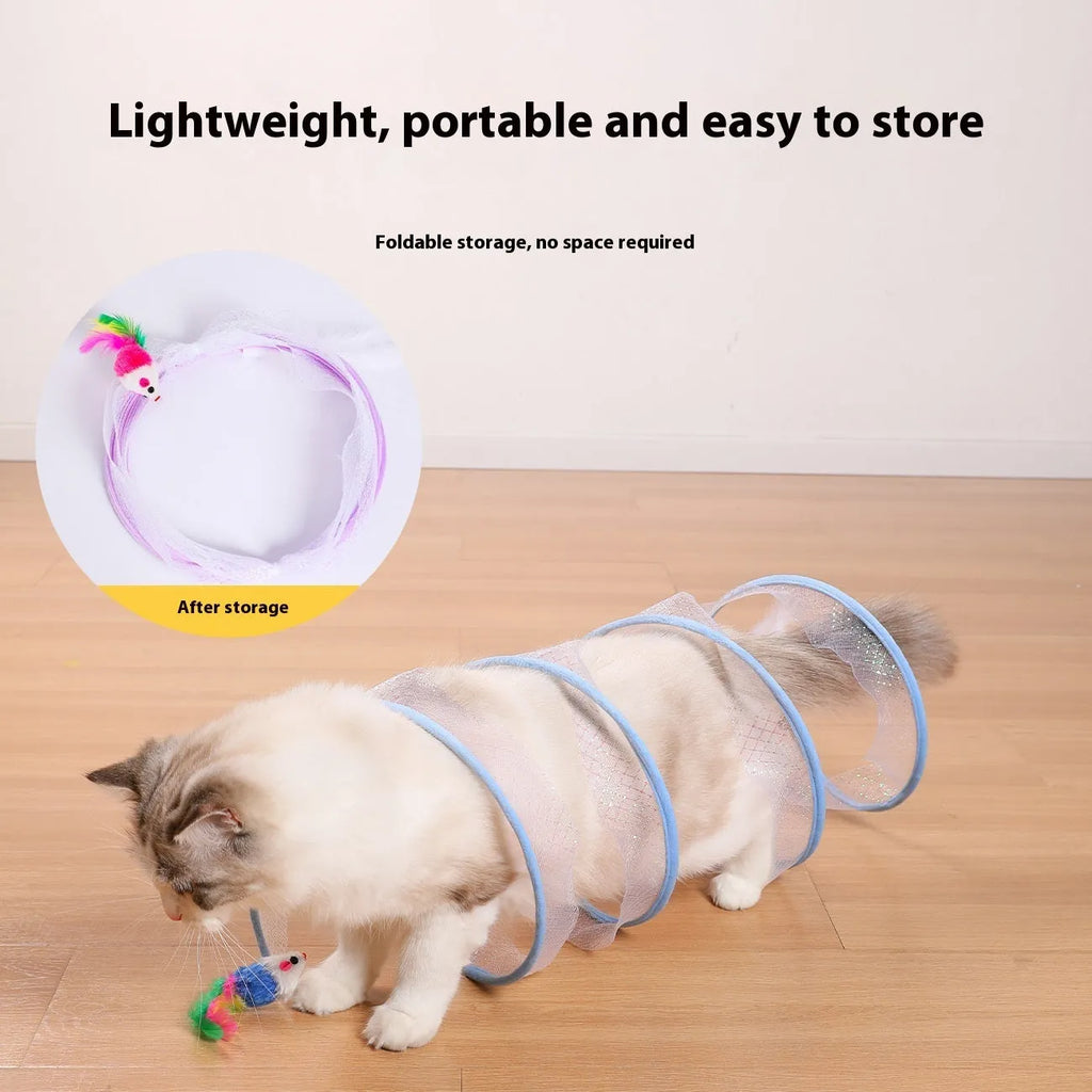 S-type cat tunnel with steel wire frame and elastic net walls, featuring attached feather toys, on a wooden floor