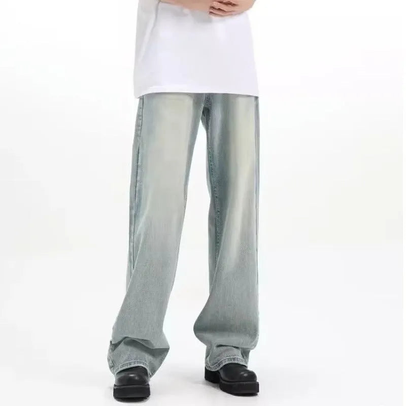 Blue retro-style loose casual trousers made of rabbit fur fabric on a hanger.