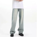 Blue retro-style loose casual trousers made of rabbit fur fabric on a hanger.