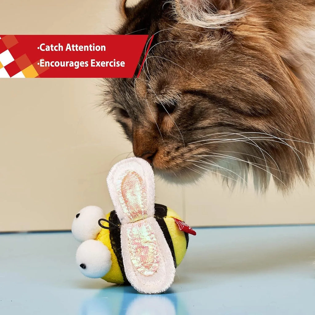 Yellow bee-shaped interactive cat toy with electronic motion-activated squeaking function