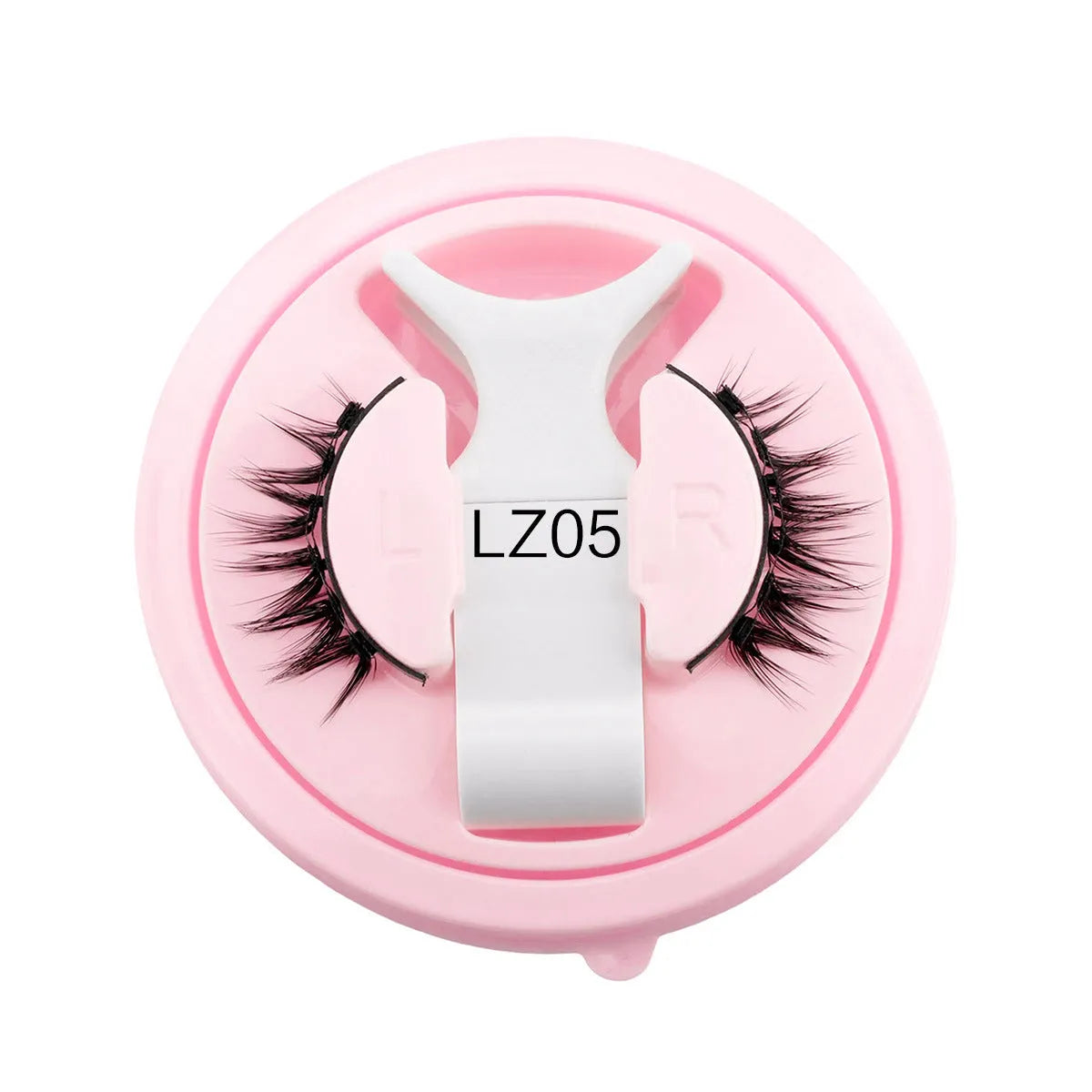 Set of reusable waterproof false eyelashes in five styles on a clear tray