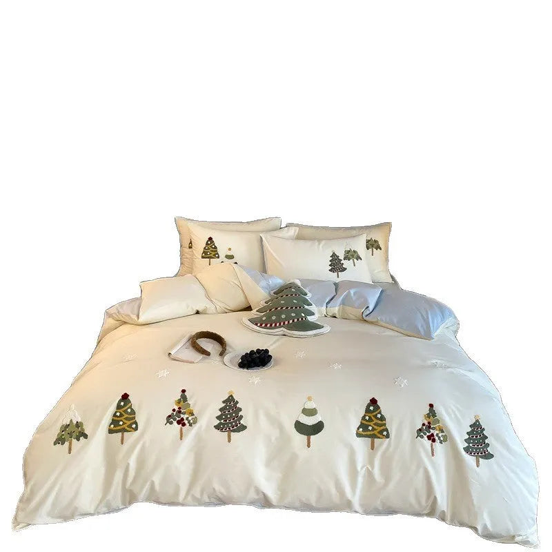 Cute Christmas tree towel embroidered pure cotton bedding set in cream blue or green green with floral patterns