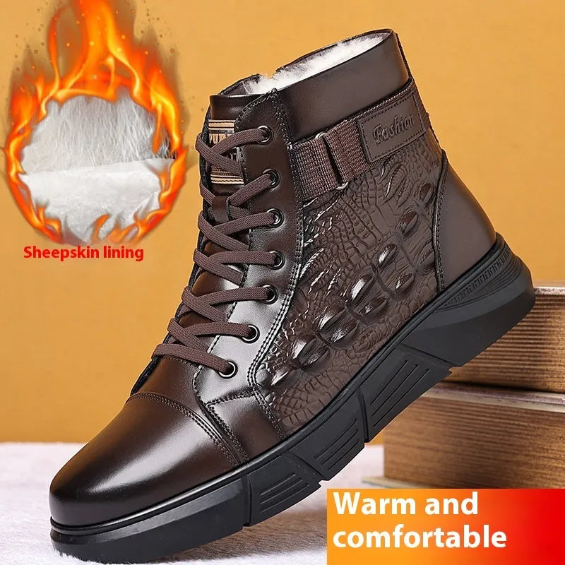 Men's black genuine leather snow cotton boots with a velvet finish and rubber sole.