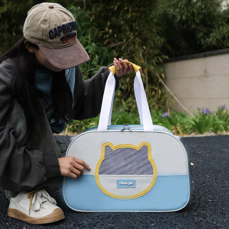 Blue foldable outdoor cat school backpack made of Oxford cloth for pet transport