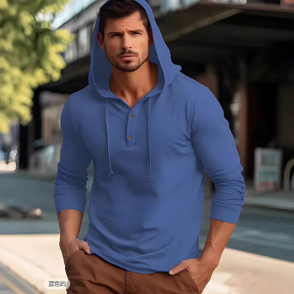 Casual cotton sports hoodie top in dark blue, showing front pullover design with hood and long sleeves.