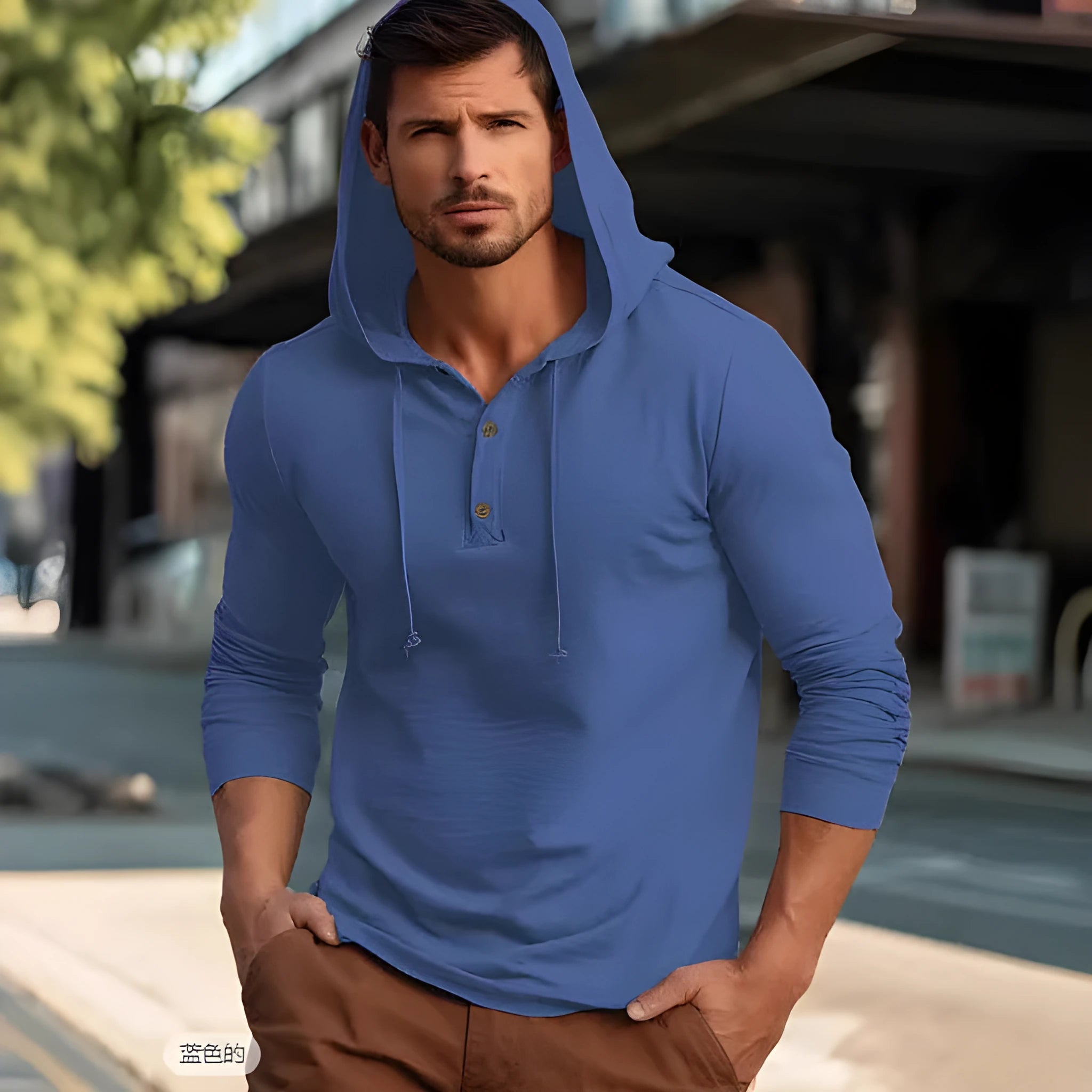 Casual cotton sports hoodie top in dark blue, showing front pullover design with hood and long sleeves.