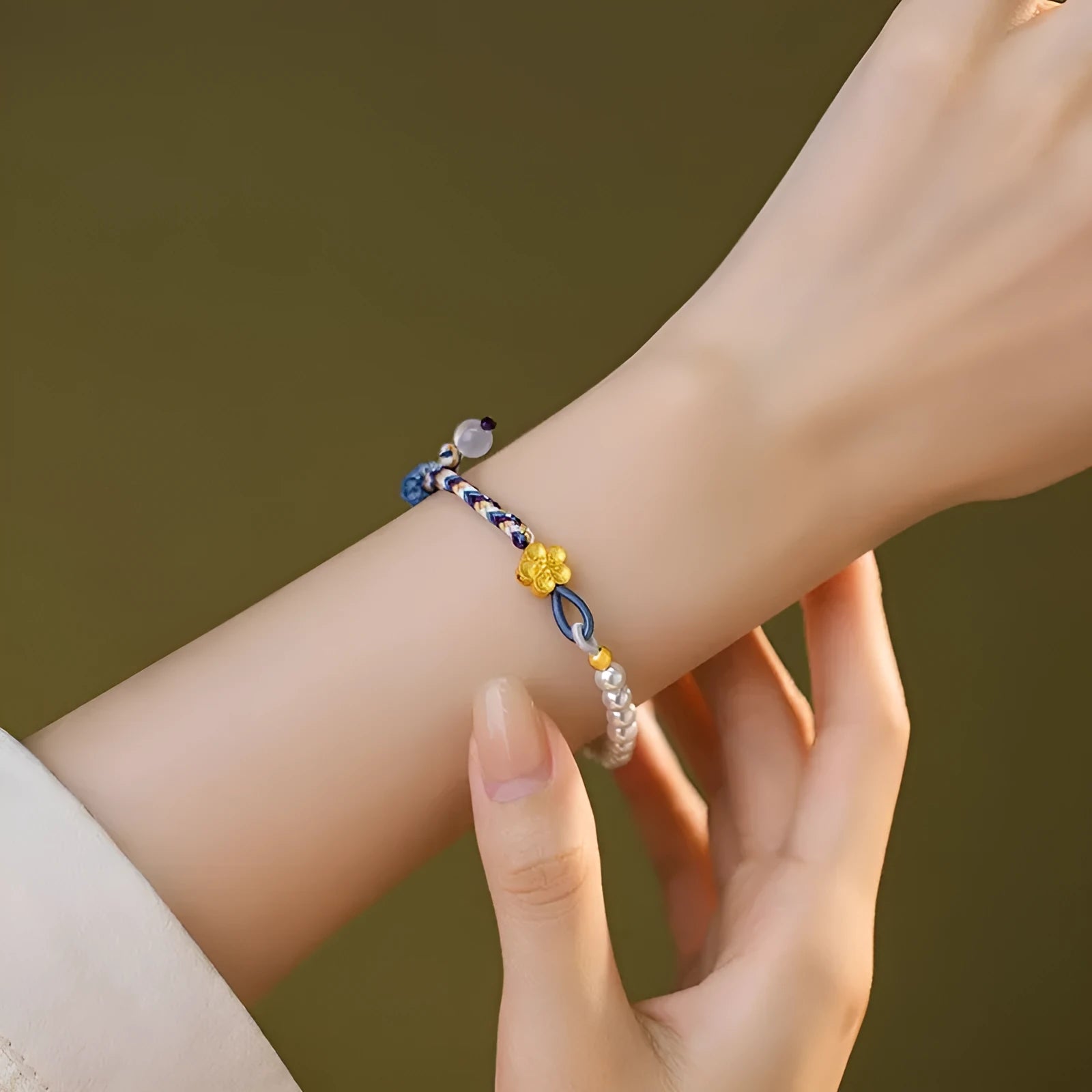 Colourful woven cord strap with electroplated finish, pearls, and flowers in Peach You Are Happy colour