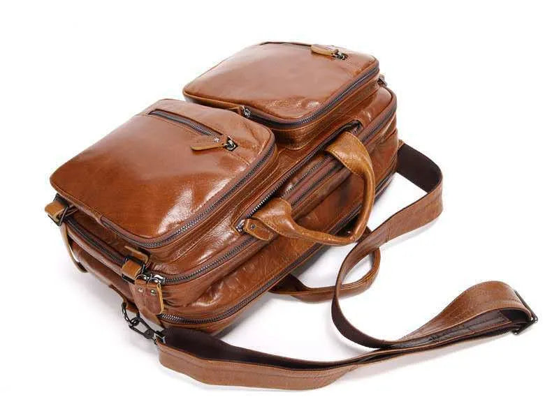 Men's black oily leather cowhide genuine top layer multi-functional bag with front zipper compartments 39cm 28cm 14cm