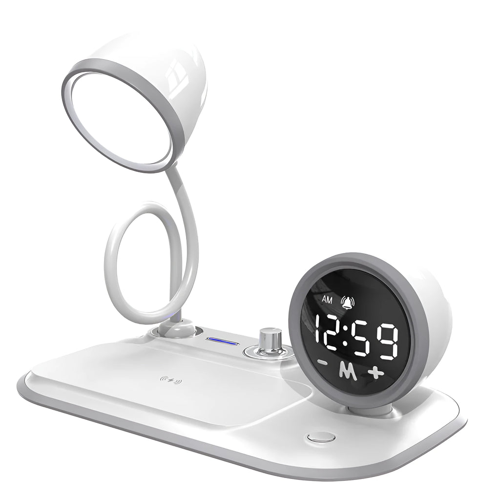 Three-in-one clock wireless charger desk lamp with 49 white LED beads, ABS material, black colour option