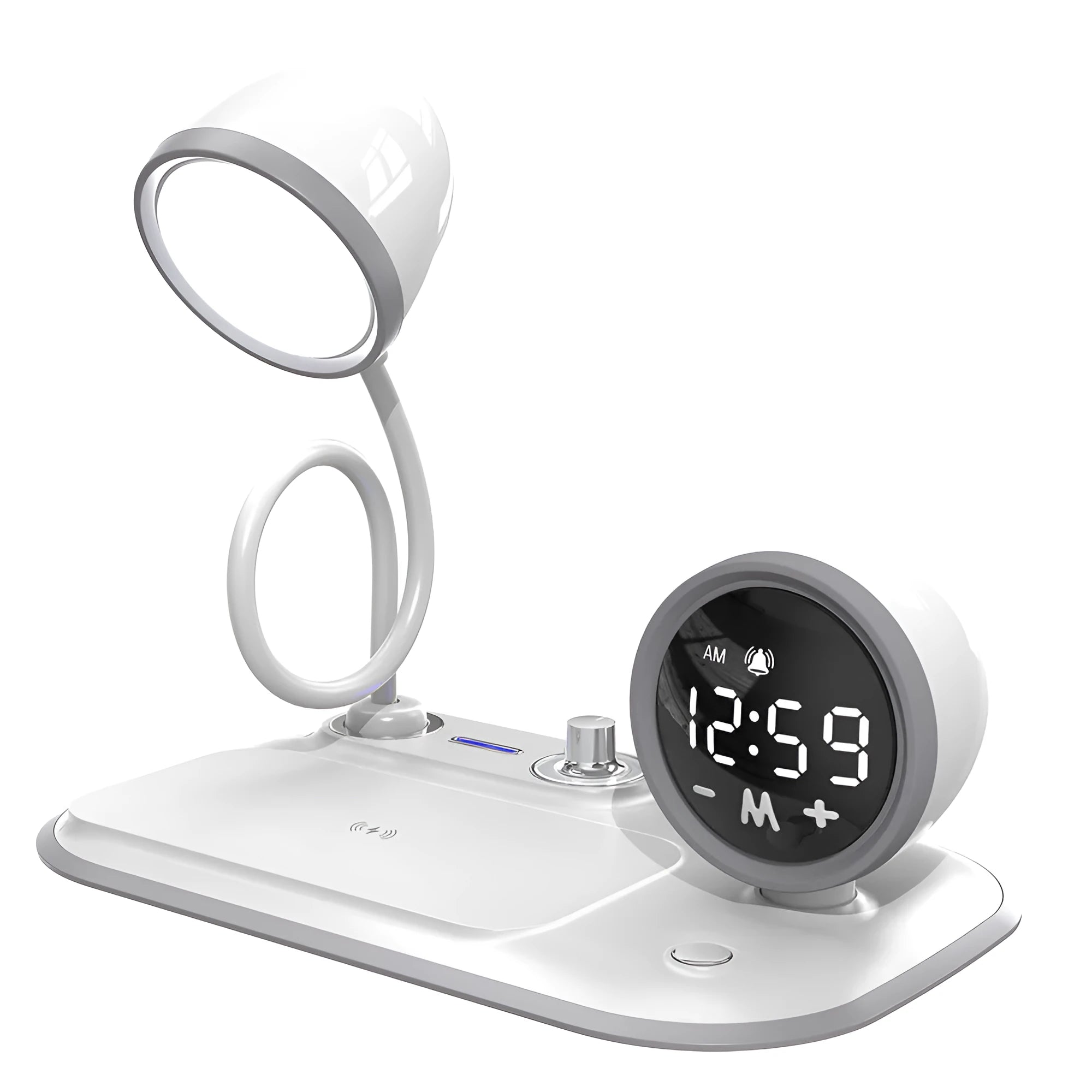 Three-in-one clock wireless charger desk lamp with 49 white LED beads, ABS material, black colour option