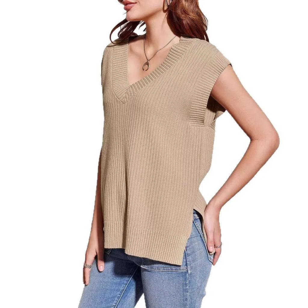 V-neck sleeveless loose pullover vest in striped viscose fabric