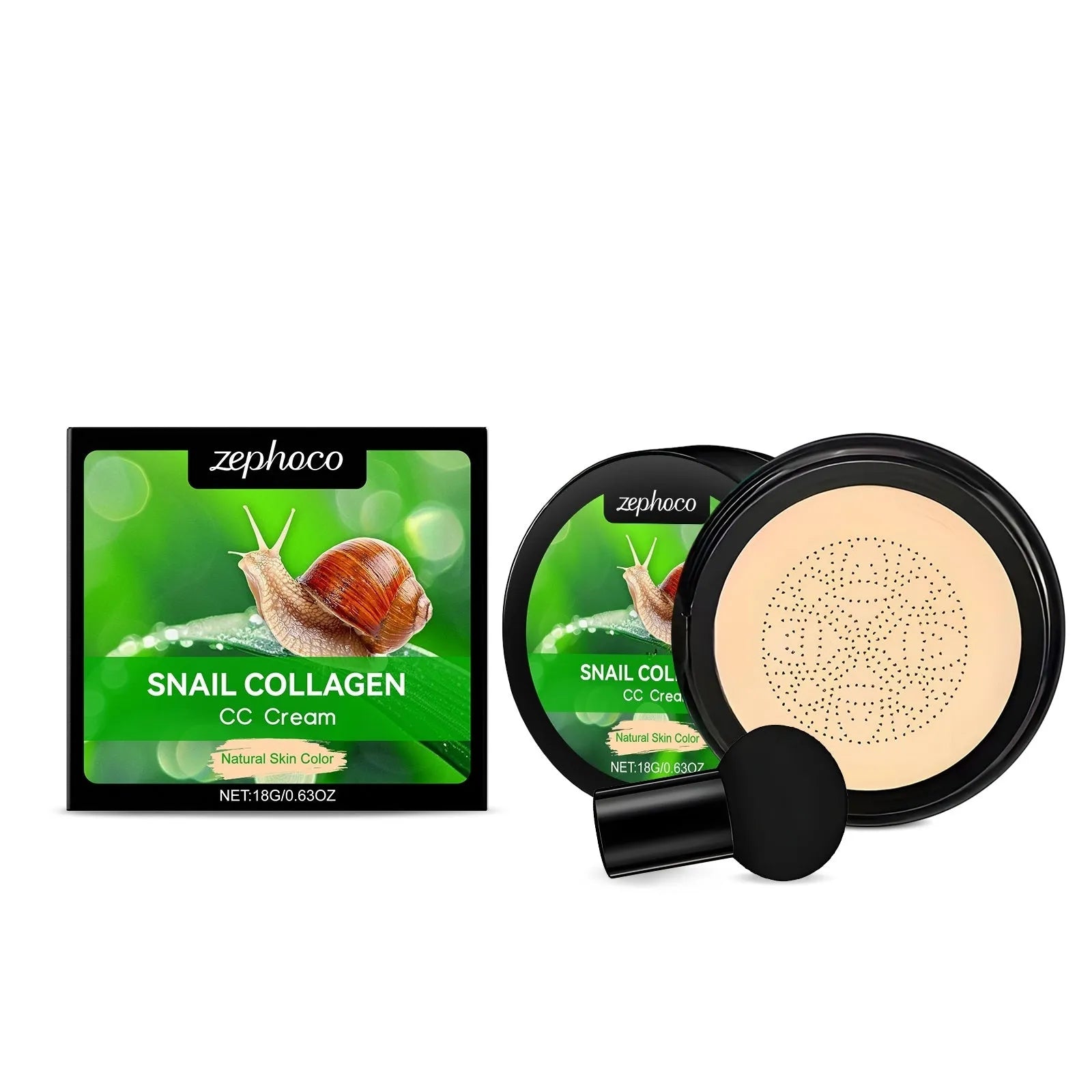 ZEPHOCO CC cream foundation tube with mushroom powder puff applicator in ivory white and natural colour shades