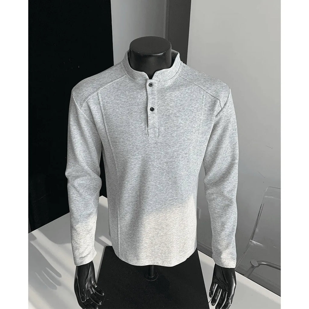 Men's patchwork polo shirt with stand-up collar and asymmetric design in heather gray