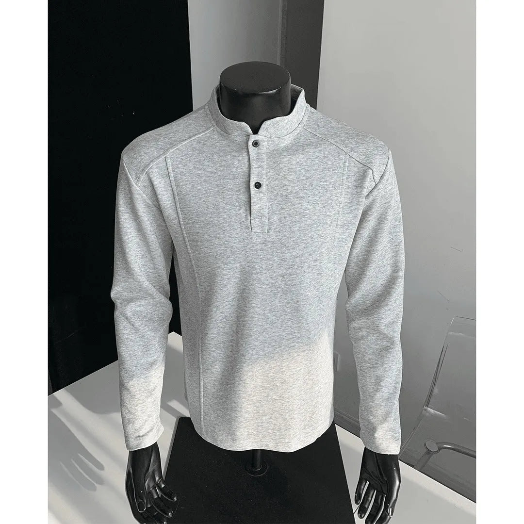 Men's patchwork polo shirt with stand-up collar and asymmetric design in heather gray