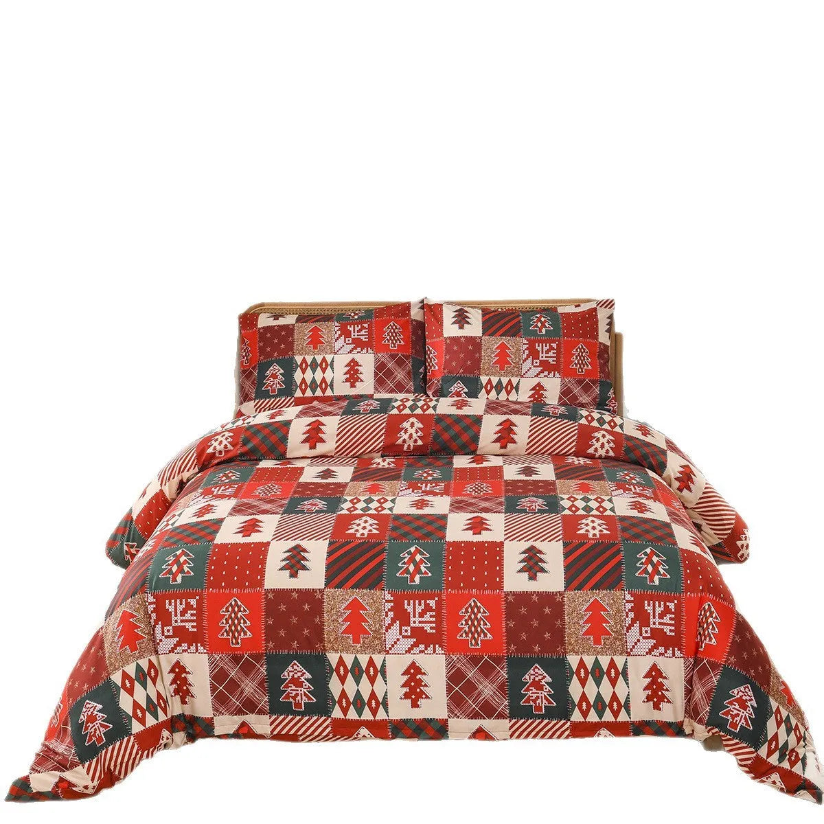 Red Christmas plaid pattern duvet cover and pillowcases three-piece bedding set