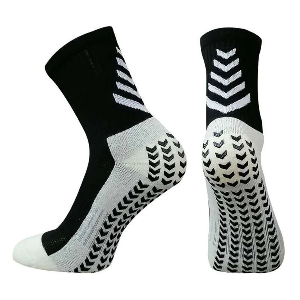 Men's athletic mid-calf socks with geometric pattern and silicone grip dots on sole.