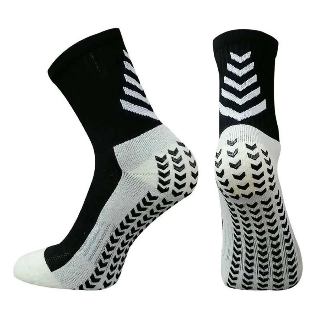 Men's athletic mid-calf socks with geometric pattern and silicone grip dots on sole.