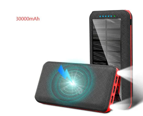 Portable solar power bank with Qi wireless charging and LED flashlight in black