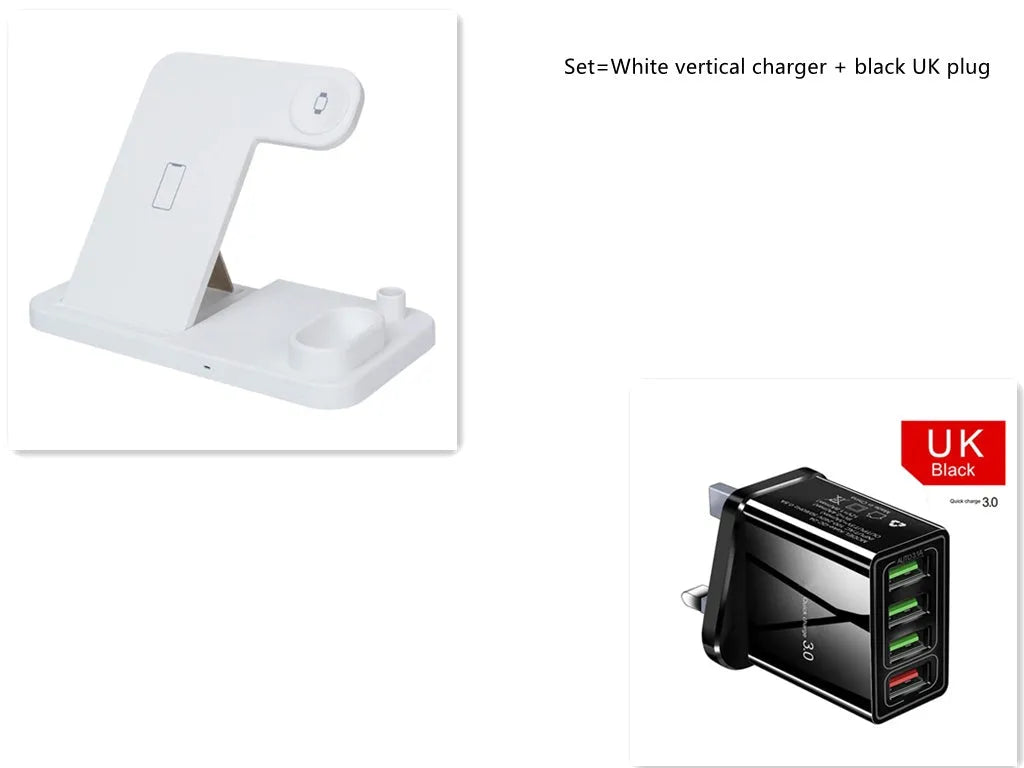 Foldable 4-in-1 wireless charging station for iPhone, Apple Watch, AirPods and Apple Pencil on a desk